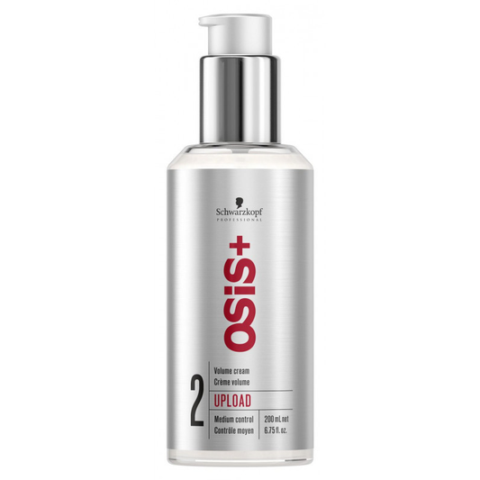 Two bottles of Schwarzkopf Osis+ Upload Style Volume Hair Cream in 200ml packages, for adding volume and texture to styled hair.
