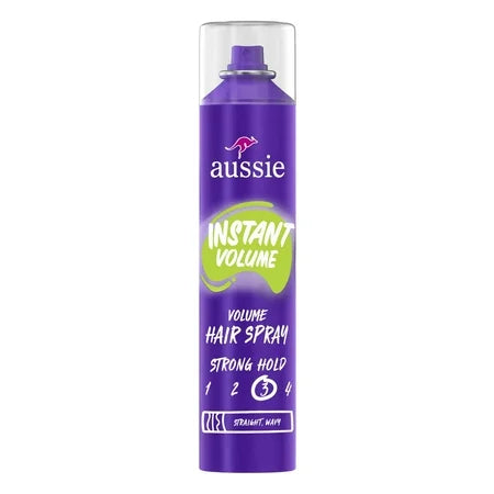Aussie Instant Volume Hair Spray for wavy and straight hair, 10 oz, in a spray bottle with a blue cap and colorful branding.