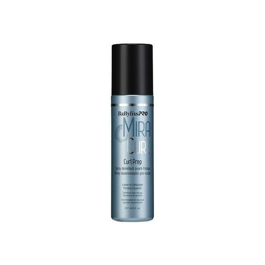 BaByliss PRO MiraCurl Curl Prep 8 oz hair styling product for curls and styling prep, displayed in a clear bottle.