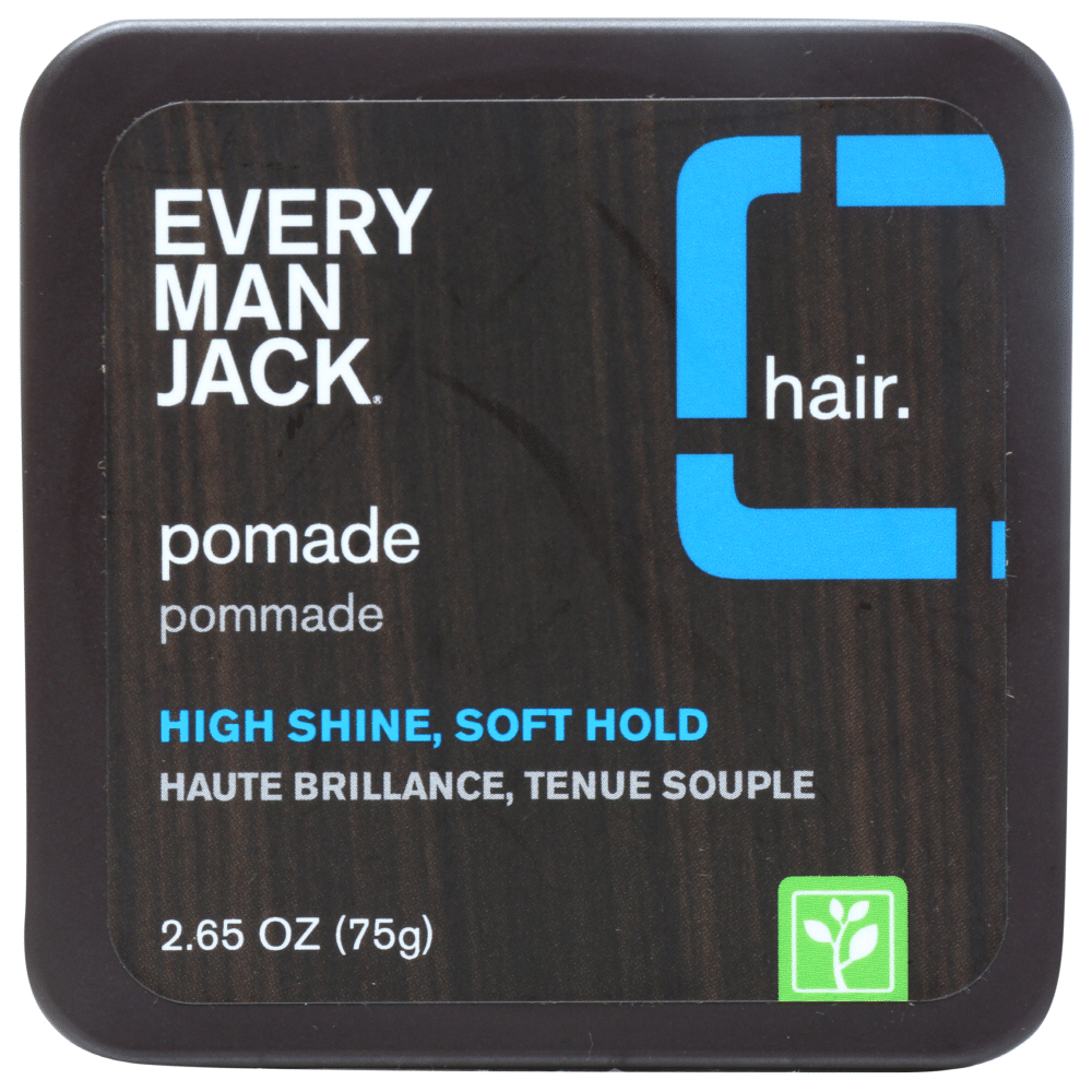 Every Man Jack Pomade High Shine Soft Hold in 2.65 oz container, hair styling product with glossy finish and flexible hold