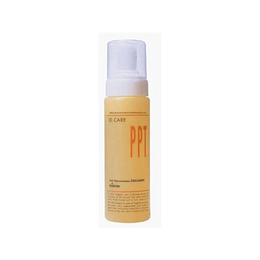 ID.Care PPT Collagen & Keratin hair styling product by Pasteur Pharmacy, 7.45 oz bottle, shown with sleek hair and styling details.