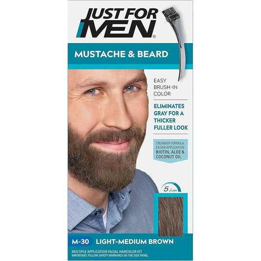Just For Men Brush-In Color Gel in Light Medium Brown, hair styling product showing the gel container with applicator brush.