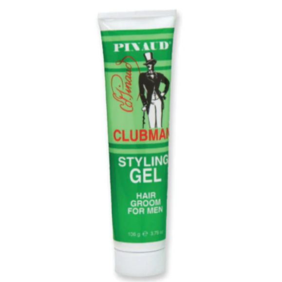 Pinaud Clubman Styling Gel for Men in a 3.75oz tube, hair styling product with clear gel texture and branding on the tube.