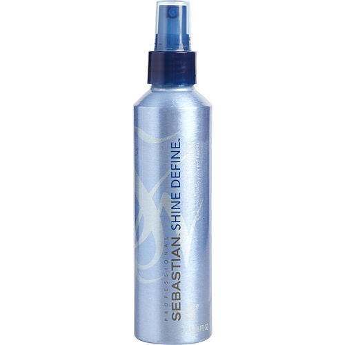 Sebastian Shine Define flexible hair spray in 6.8 oz bottle, styled hair with a natural shine and flexible hold.