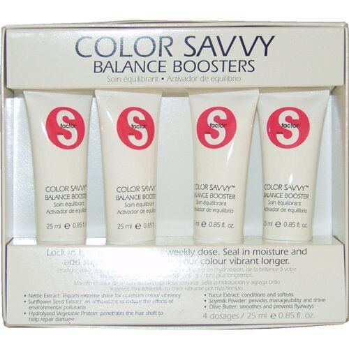 Tigi S Factor Color Savvy Balance Boosters hair styling product with four 25ml dosages in a clear container