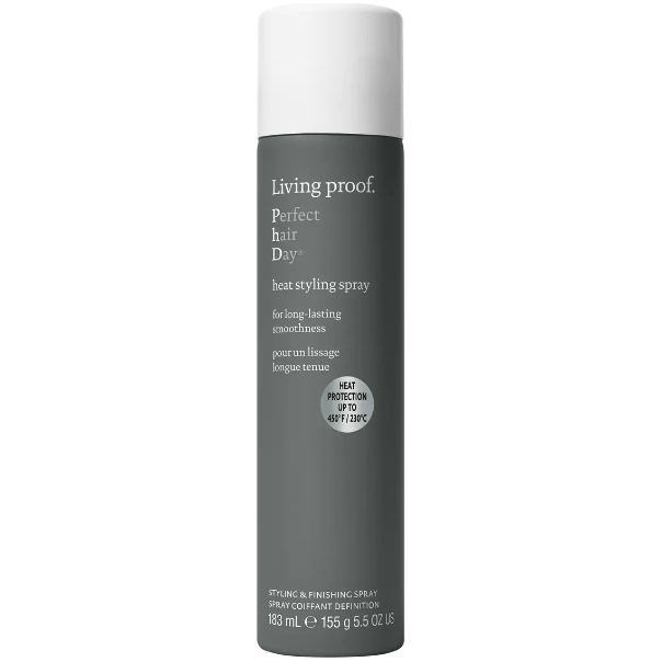 Living Proof Perfect Hair Day Heat Styling Spray in 183ml bottle, lightweight hair styling spray for heat protection and shine.