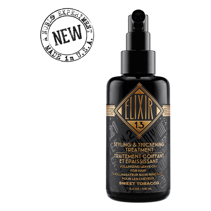 18.21 Man Made Elixir Sweet Tobacco hair styling and thickening treatment in a 3.4 oz bottle, designed to add volume and style.