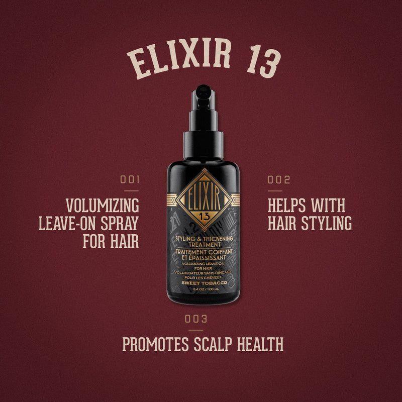 18.21 Man Made Elixir 13 Sweet Tobacco hair styling and thickening treatment in a 3.4 oz bottle, designed for textured hair.