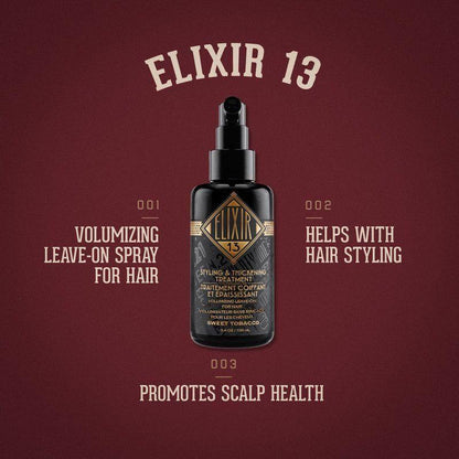 18.21 Man Made Elixir 13 Sweet Tobacco hair styling and thickening treatment in a 3.4 oz bottle, designed for textured hair.