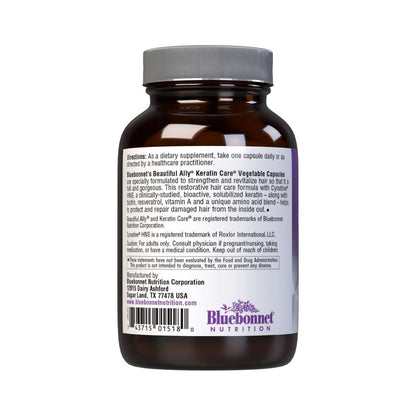 Bluebonnet Beautiful Ally Keratin Care hair supplement by Pasteur Pharmacy, featuring 30 vegetable-based capsules for healthy hair.
