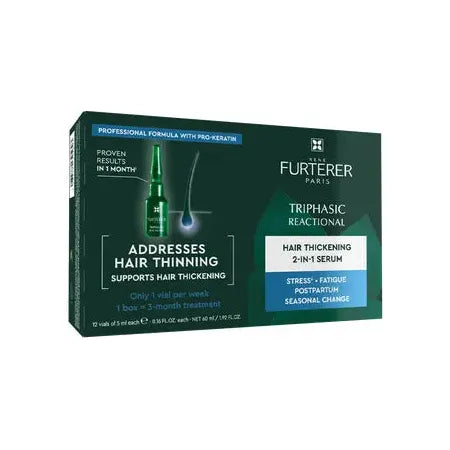 Rene Furterer Triphasic Reactional Hair Thickening Serum, 12 vials of 5ml, for hair density and scalp revitalization.