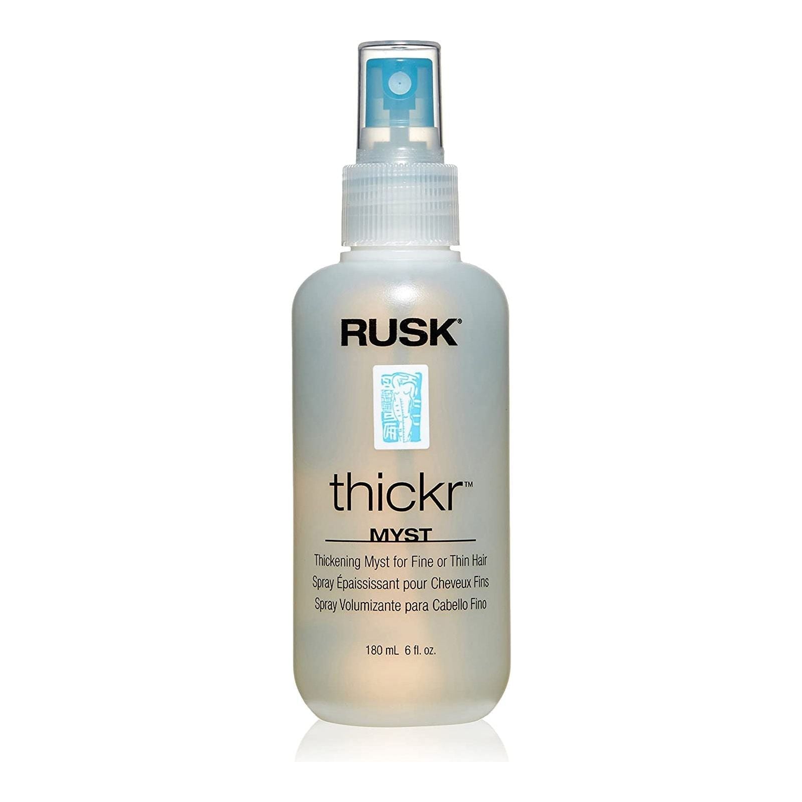 Rusk Designer Collection Thickr Thickening Mist in 6 oz spray bottle, enhancing hair volume and fullness.