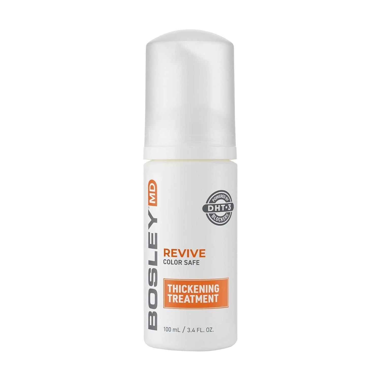 Bosley MD Revive color-safe hair thickening treatment in 3.4 oz bottle, designed to add volume and improve hair density.