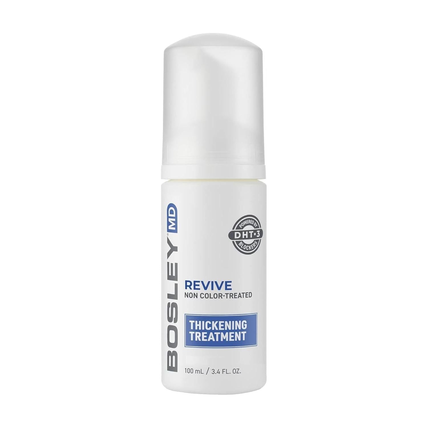 Bosley MD Revive non-color treated hair thickening treatment in 3.4 fl oz bottle, designed to add volume and fullness to hair.