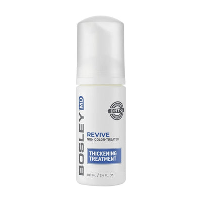 Bosley MD Revive non-color treated hair thickening treatment in 3.4 fl oz bottle, designed to add volume and fullness to hair.