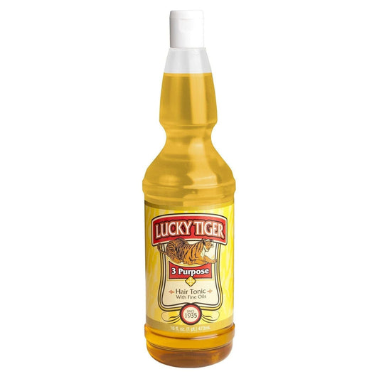 Lucky Tiger Scent 3 Purpose Hair Tonic with Fine Oils in 16oz bottle, natural hair care product from Pasteur Pharmacy.