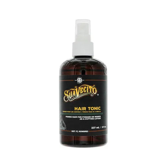 Suavecito Hair Tonic in 237ml bottle, natural hair care product with a sleek label, designed for styling and scalp health.