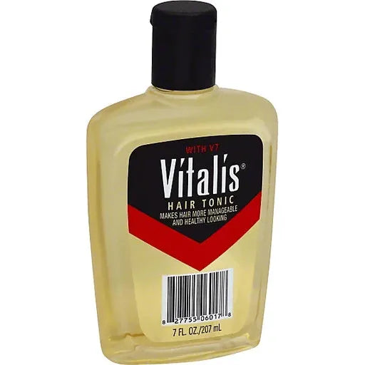 Vitalis Hair Tonic with V7 in a 7 oz bottle, featuring a clear liquid and pump dispenser for hair revitalization.