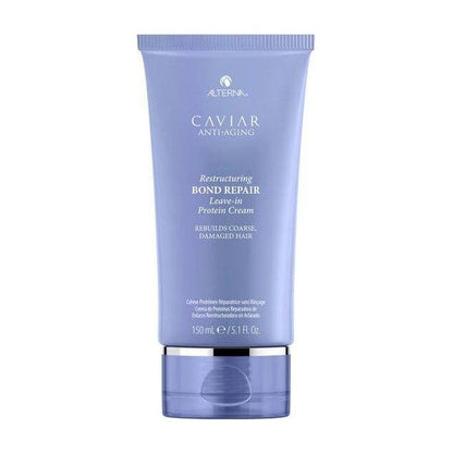 Alterna Caviar Restructuring Bond Repair Leave-in Protein Cream for hair, 5.1 oz, in a white tube with black cap.