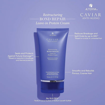 Alterna Caviar Restructuring Bond Repair Leave-in Protein Cream in 5.1 oz jar, creamy hair treatment for damaged hair.