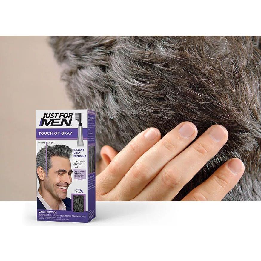Just For Men Touch of Gray Black-Gray Hair Treatment bottle showing product label and applicator for hair color touch-up.