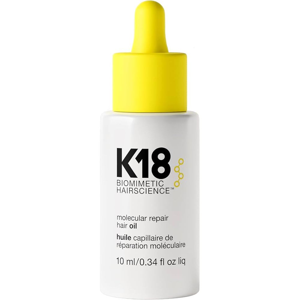 K18 Molecular Repair Hair Oil 10ml, a hair treatment by Pasteur Pharmacy, showing a small clear bottle with dropper cap.