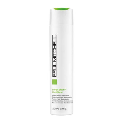Paul Mitchell Smoothing Super Skinny Daily Hair Treatment in 10.14 oz bottle, showcasing sleek hair and professional packaging.