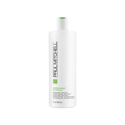 Paul Mitchell Smoothing Super Skinny Daily Treatment hair treatment bottle in a salon setting, large 33.8 oz size for smoothing and frizz control