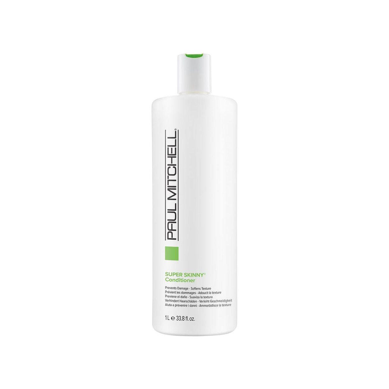 Paul Mitchell Super Skinny Daily Treatment bottle for hair, 33.8 oz, with sleek packaging and product label visible.