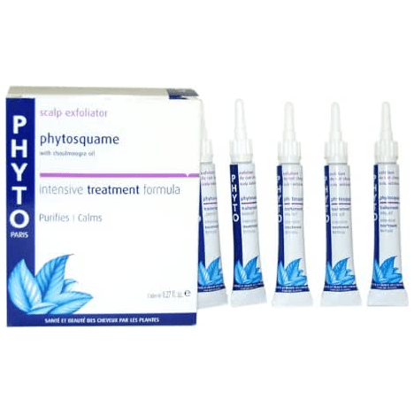 Phyto Phytosquame Intensive Hair Treatment tubes by Pasteur Pharmacy, 5 tubes of 0.27 oz for scalp and hair care.