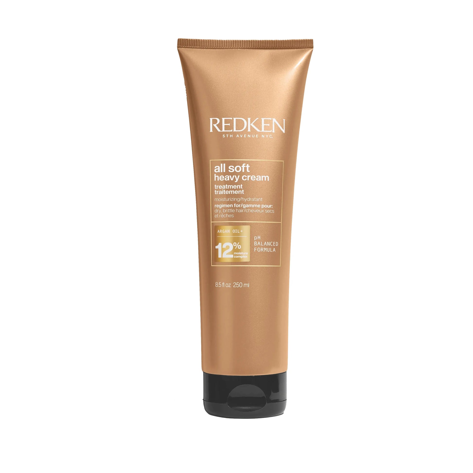 Redken All Soft Heavy Cream Hair Treatment with Argan Oil in 8.5 fl oz jar, smooths and softens dry hair.