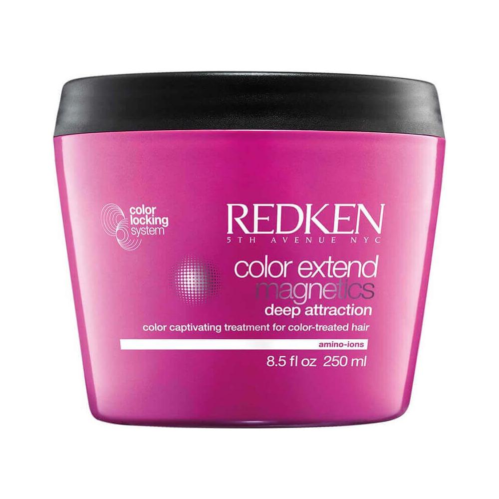 Redken Color Extend Magnetics Deep Attraction hair treatment bottle, 250ml, with sleek red packaging, for color protection and nourishment.