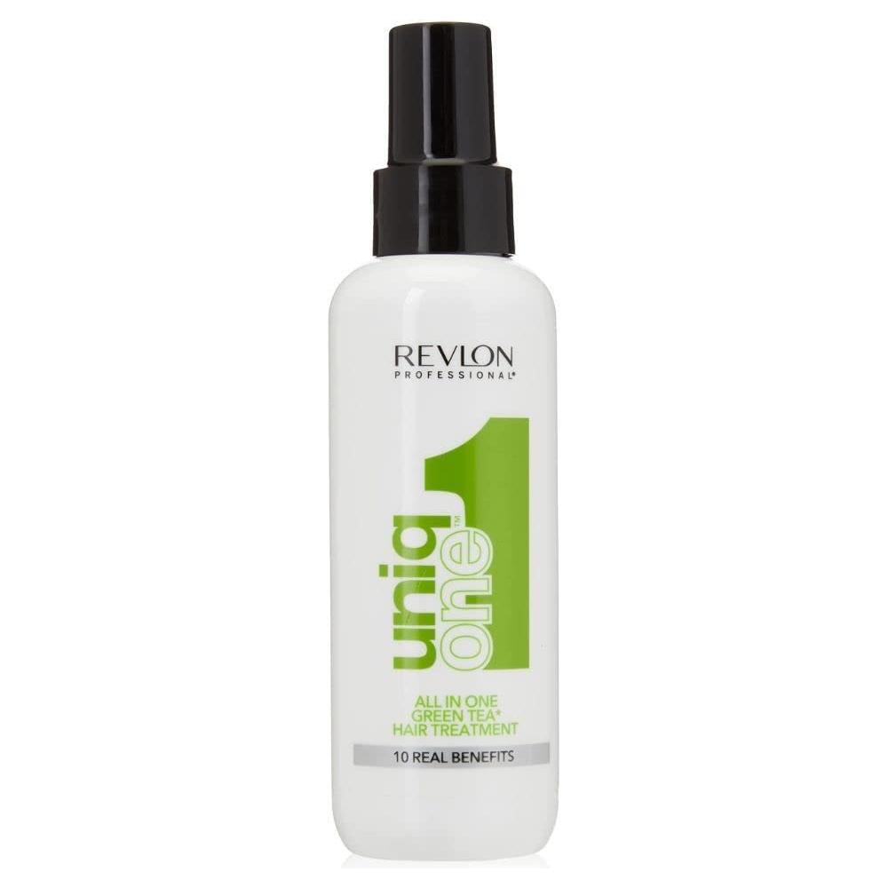 Revlon Uniq One Green Tea hair treatment bottle, 150ml, natural hair care product for nourishing and styling hair.