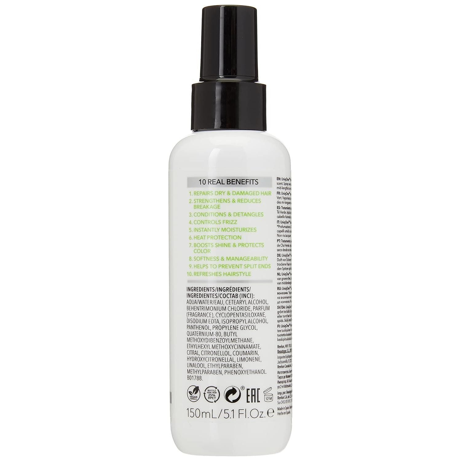 Revlon Uniq One Green Tea Hair Treatment bottle, 150ml, featuring green tea formula for nourishing all-in-one hair care.