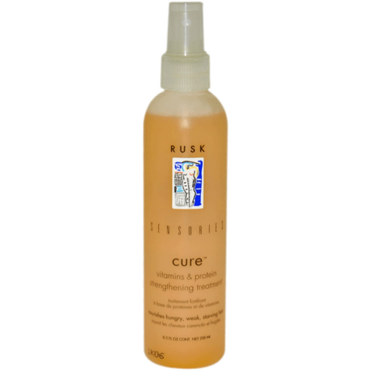 Rusk Sensories Cure Vitamins and Protein Hair Treatment by Pasteur Pharmacy in 8.1 oz bottle, designed to strengthen and nourish hair.