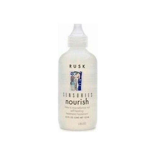 Rusk Sensories Nourishing Self-Heating Hair Treatment with Kukui and Macadamia Nut in 125ml bottle, designed to hydrate and soothe hair.