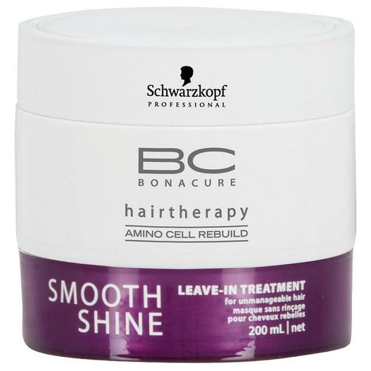 Schwarzkopf Smooth Shine Leave-In Hair Treatment in 6.8oz bottle, designed to add shine and smoothness to hair.