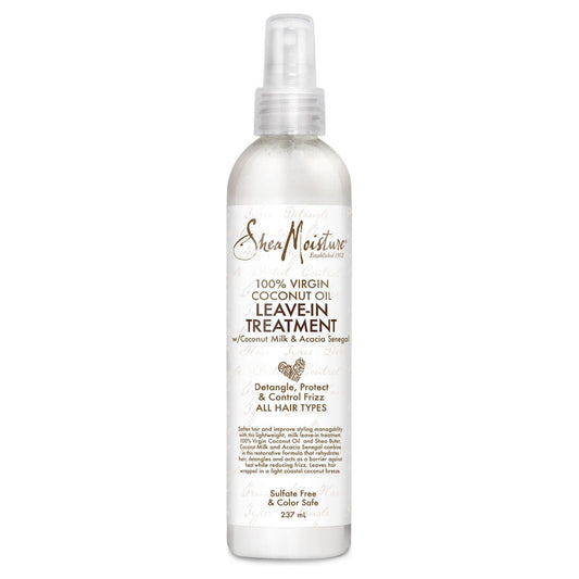 Shea Moisture 100% Virgin Coconut Oil Leave-In Hair Treatment in 237ml bottle, moisturizing and nourishing hair care product.