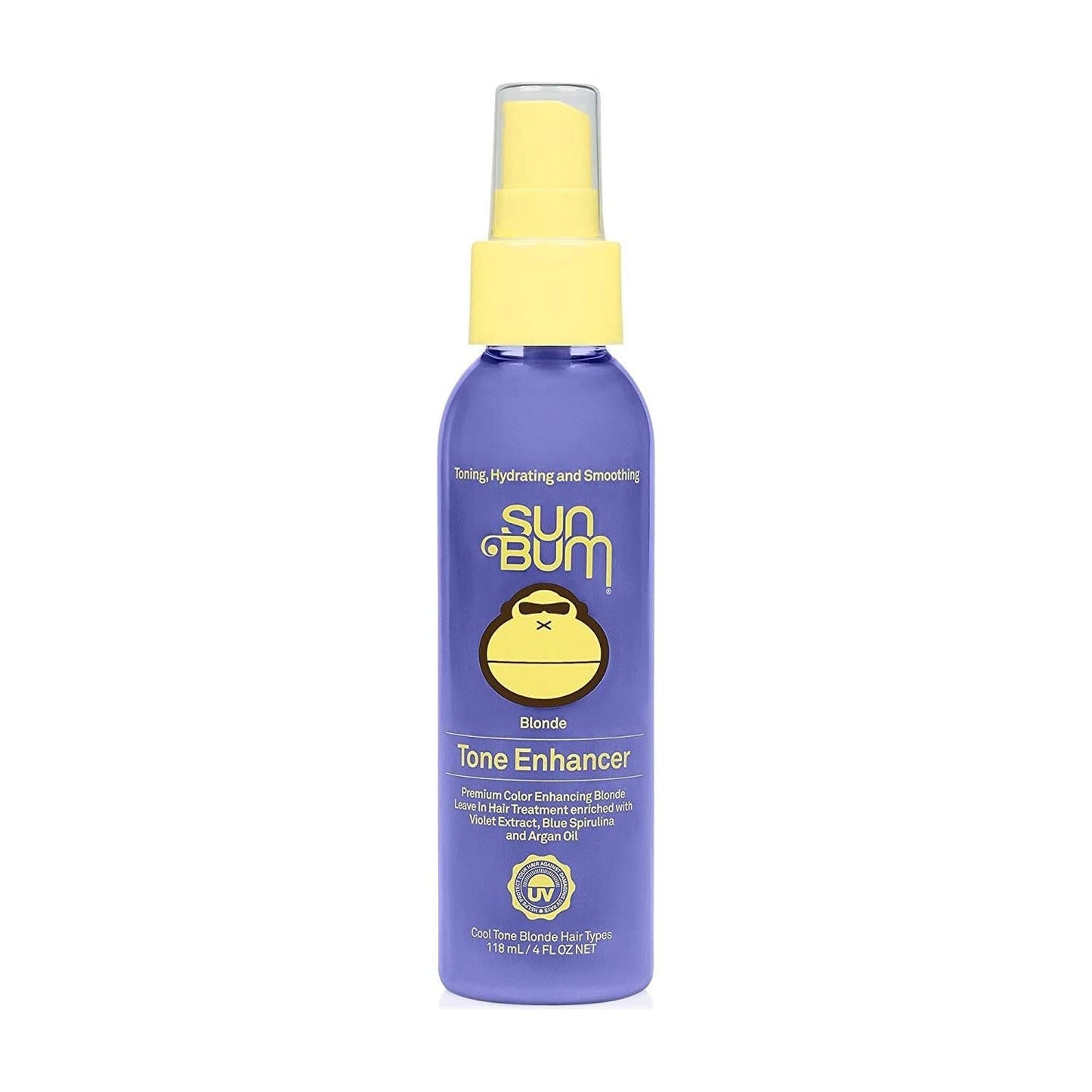 Sun Bum Blonde Tone Enhancer hair treatment in 4 oz bottle, designed to brighten and tone blonde hair.