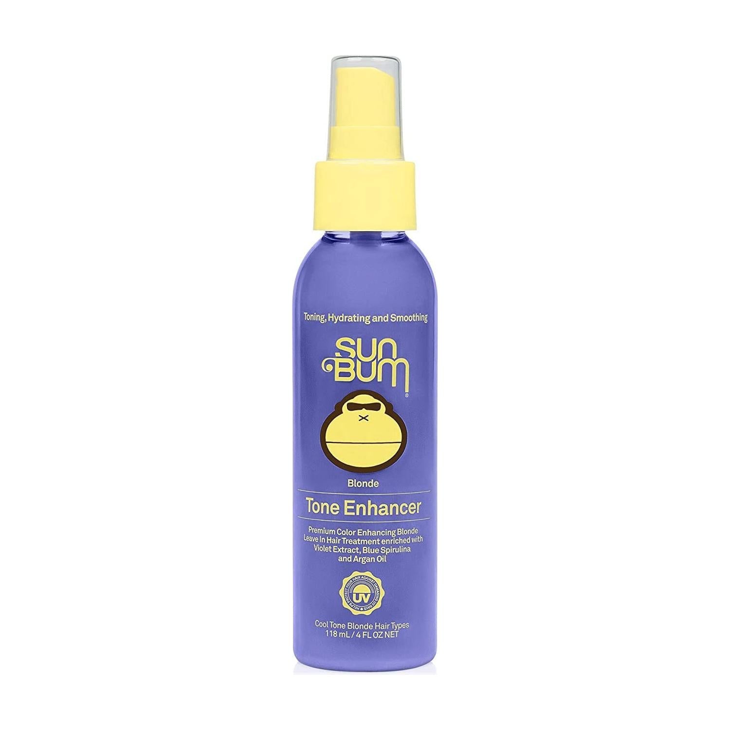 Sun Bum Blonde Tone Enhancer hair treatment in 4 oz bottle, designed to brighten and tone blonde hair.