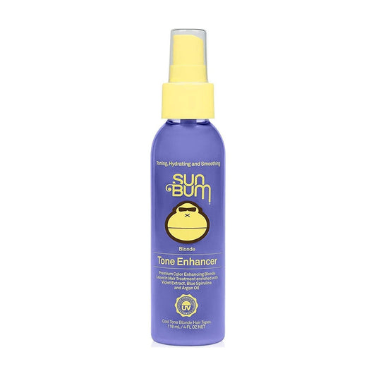 Sun Bum Blonde Tone Enhancer hair treatment in 4 oz bottle, designed to brighten and tone blonde hair.