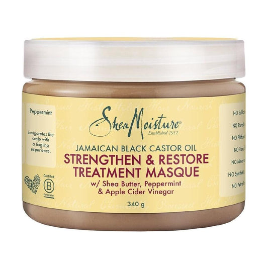 Shea Moisture Strengthen, Grow & Restore Hair Treatment Masque in 340g jar, nourishing deep conditioning for healthy hair.