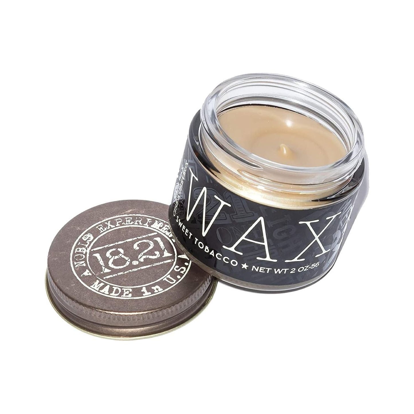 18.21 Man Made Hair Wax in 2 oz container, natural styling product with a black lid and label, by Pasteur Pharmacy.