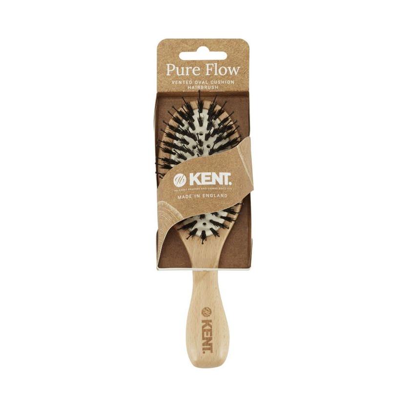 Kent Pure Flow Vented Oval Cushion Hairbrush with plastic handle and vented design for gentle, detangling hair brushing.