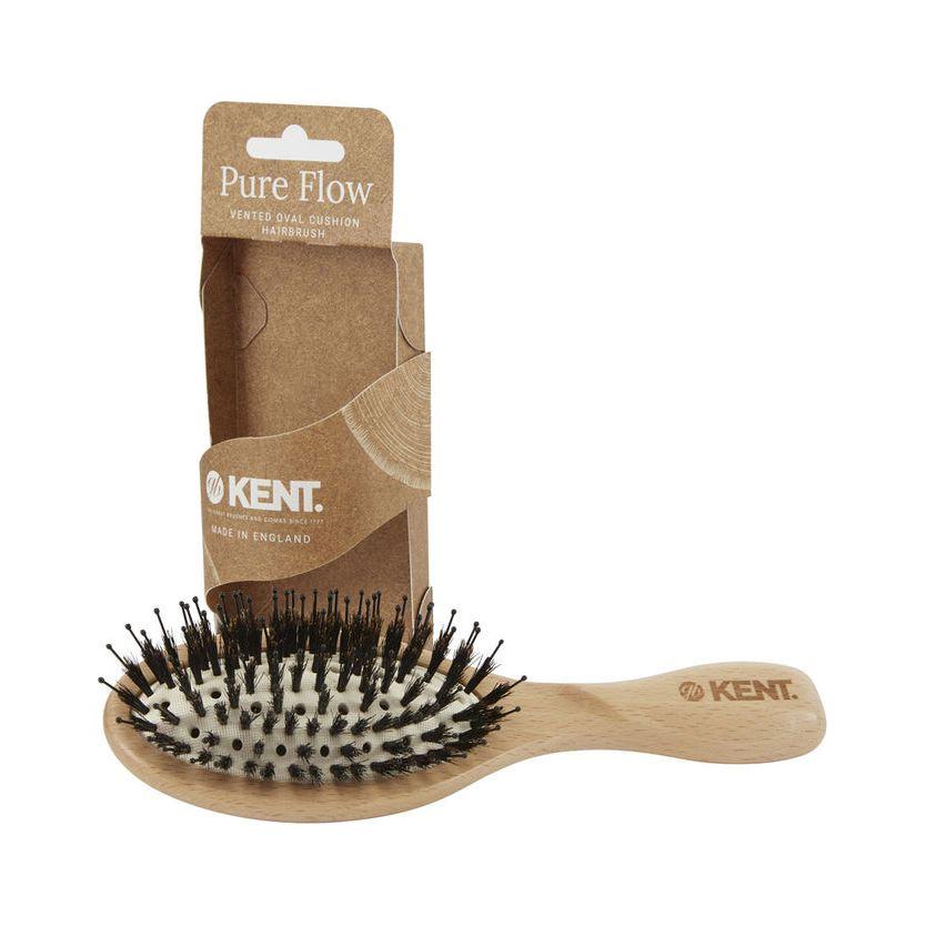 Kent Pure Flow Vented Oval Cushion Hairbrush by Pasteur Pharmacy, showing the vented oval cushion and bristles for gentle hair styling.