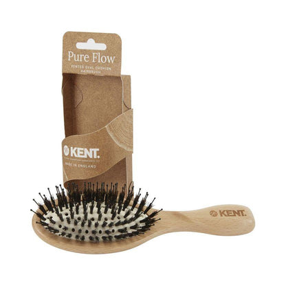 Kent Pure Flow Vented Oval Cushion Hairbrush by Pasteur Pharmacy, showing the vented oval cushion and bristles for gentle hair styling.