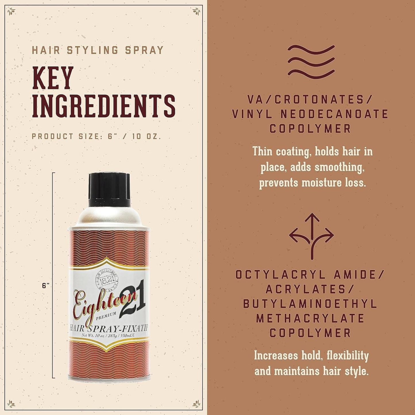 18.21 Eighteen 21 Premium Hairspray by Pasteur Pharmacy, 9.6 oz, aerosol spray bottle for strong hold and styling.