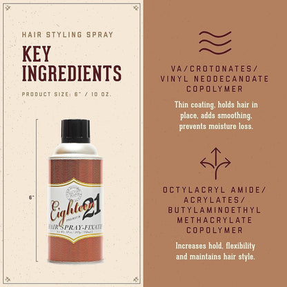 18.21 Eighteen 21 Premium Hairspray by Pasteur Pharmacy, 9.6 oz, aerosol spray bottle for strong hold and styling.