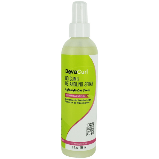 DevaCurl No-Comb Detangling Hairspray in 8 oz spray bottle, lightweight hairspray for smooth, manageable hair.