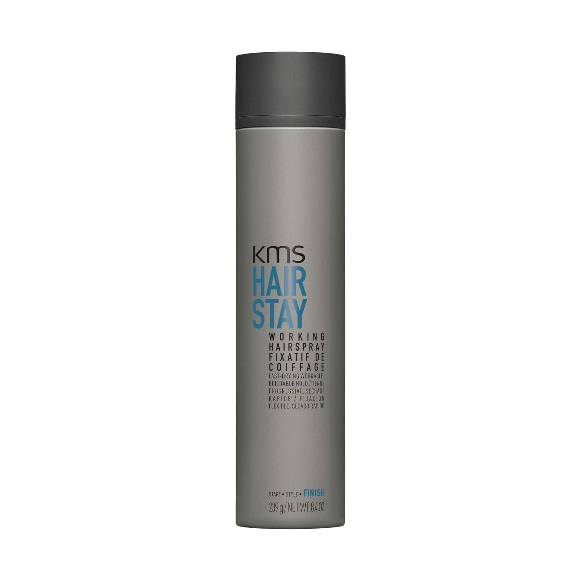 KMS Hair Stay Working Hairspray in 8.4 oz bottle, professional styling hairspray, natural hold and shine for all hair types.